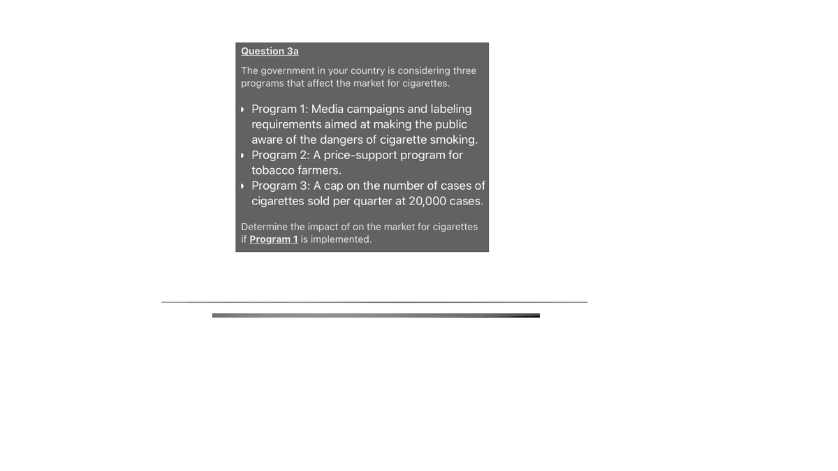 Question 3a
The government in your country is considering three
programs that affect the market for cigarettes.
• Program 1: Media campaigns and labeling
requirements aimed at making the public
aware of the dangers of cigarette smoking.
• Program 2: A price-support program for
tobacco farmers.
• Program 3: A cap on the number of cases of
cigarettes sold per quarter at 20,000 cases.
Determine the impact of on the market for cigarettes
if Program 1 is implemented.
