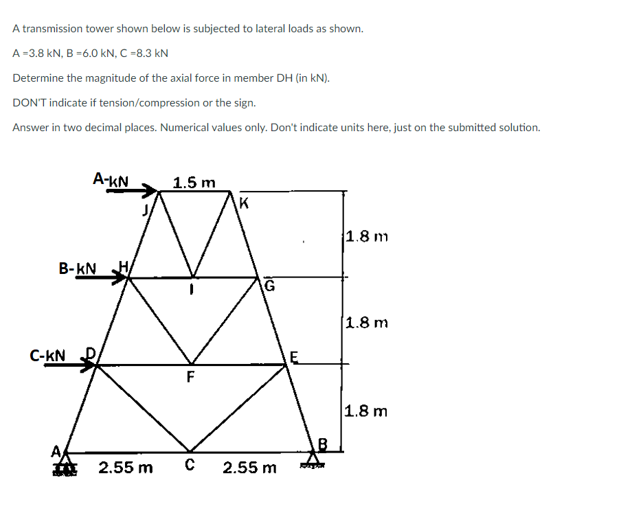 A transmission tower shown below is subjected to lateral loads as shown.
A =3.8 kN, B =6.0 kN, C =8.3 kN
Determine the magnitude of the axial force in member DH (in kN).
DON'T indicate if tension/compression or the sign.
Answer in two decimal places. Numerical values only. Don't indicate units here, just on the submitted solution.
A-KN
1.5 m
K
1.8 m
В-KN
G
1.8 m
C-KN
F
|1.8 m
B
A,
2.55 m C
2.55 m
