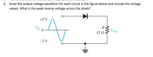 6. Draw the output voltage waveform for each circuit in the figure below and include the voltage
values. What is the peak inverse voltage across the diode?
+5 V
Vin
-5 V
47 Ω
R
Vout