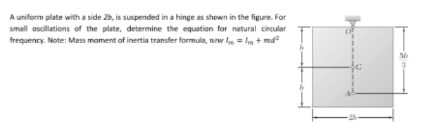 A uniform plate with a side 2b, is suspended in a hinge as shown in the figure. For
small oscillations of the plate, determine the equation for natural circular
frequency. Note: Mass moment of inertia transfer formula, new Im= Im+md²
b
25-