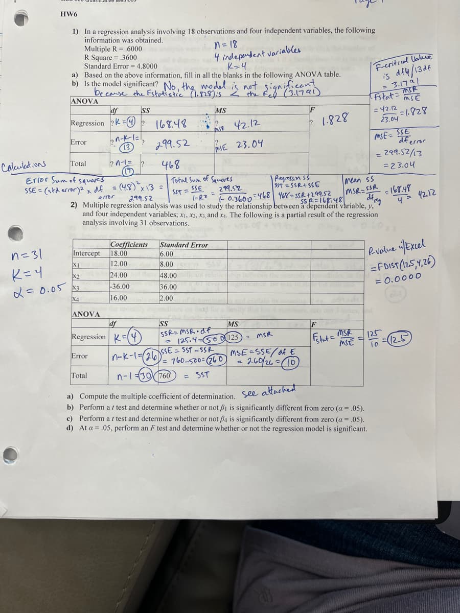 Calculations
HW6
1) In a regression analysis involving 18 observations and four independent variables, the following
information was obtained.
Multiple R.6000
R Square= .3600
n = 18
4 independent variables.
K=4
Standard Error = 4.8000
a) Based on the above information, fill in all the blanks in the following ANOVA table.
b) Is the model significant? No, the model is not significant t
the
ANOVA
df
Regression ?K=?
₂1-K-1=1
13
Error
Intercept
n=31
K=4
2= 0.05x3
Total
Error Sum of squares
SSE = (std error)² x df = (4.8) ²³ x 13 =
error
299.52
168.48
299.52
468
SST = SSE
Total Sun of Squares
299.52
(-0.3600=468
Regression 5$
SST = SSR+SSE
468=55R+299.52
SSR=168.48
1-R2
2) Multiple regression analysis was used to study the relationship between a dependent variable, y,
and four independent variables; x₁, x2, x3, and x4. The following is a partial result of the regression
analysis involving 31 observations.
dfreg
X1
X2
X4
ANOVA
SS
2n-1=
(17
Error
df
Regression K=
Total
Coefficients
18.00
12.00
24.00
-36.00
16.00
Standard Error
6.00
8.00
MS
ASR 42.12
SE 23.04
48.00
36.00 STEM
2.00
SS
SSR= MSR-df
= 125.4-500125
XSSE= SST-SSR
1 = 760-500= (260)
= SST
n-k-1=(26)
n-1-30 760
MS
= MSR
F
? 1.828
MSE=SSE/ of E
= 260/26 = (10)
F-critical Value
is df4/13df
= 3.1791
MSR
MSE
=1-828
cats opt
F
stut = MSR
[Fstat=
= 42.12
23.04
mean ss
MSR=SSR
MSE SSE
= 2૧૧.52/3
=23.04
a) Compute the multiple coefficient of determination. See attached
b) Perform a / test and determine whether or not B₁ is significantly different from zero (a = .05).
c) Perform a r test and determine whether or not ß4 is significantly different from zero (a = .05).
d) At a = .05, perform an F test and determine whether or not the regression model is significant.
MSE = 125
10
dferror
=168.48
P-value Excel
=FDIST (12.5, 4,26)
= 0.0000
4 = 42.12
(12.5)