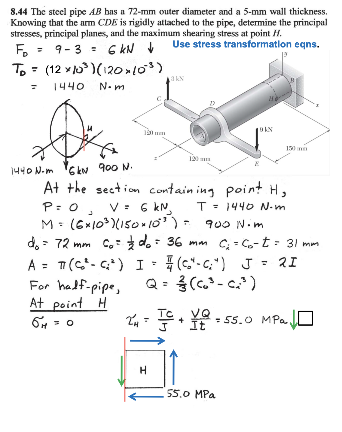 8.44 The steel pipe AB has a 72-mm outer diameter and a 5-mm wall thickness.
Knowing that the arm CDE is rigidly attached to the pipe, determine the principal
stresses, principal planes, and the maximum shearing stress at point H.
Use stress transformation eqns.
Fo
9- 3 = 6 kN b
%3D
%3D
To= (12 x10)(120 »10)
%3D
3 kN
%3D
1440
N.m
D
| 9 kN
120 mm
150 mm
120 mm
1440 N-m '6 kN 900 N.
At the section contain ing point H,
P=0, V= 6 kN,
(6x103)(150x10')
E
T = 1440 N.m
%3D
900 Nom
do = 72 mm C, d. - 36 mn C; = Co-t = 31 mm
T7 (C*- C;* ) I - (c.*-c:") J = 2I
For hadf-pipe,
At point H
Q = (c.³ - c.' )
%3D
VQ
It
TC
= O
55.0 MPa
55.0 MPa
エ
