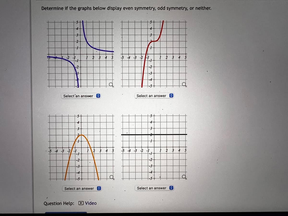 Determine if the graphs below display even symmetry, odd symmetry, or neither.
-2
-54-3
-
2
4
+
2
Select an answer
3
2
-2
-3
-4-
1-5+
Select an answer C
Question Help: Video
4
a
-5 -4-3-2
-5
+
the
-2
-4
Select an answer
Select an answer
C