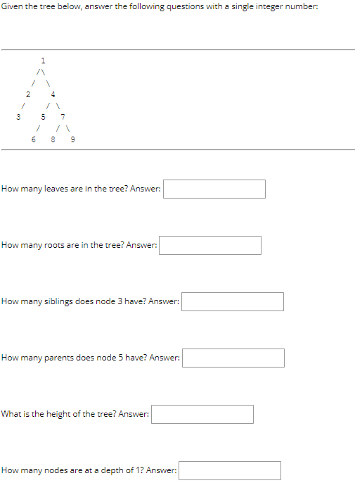 Given the tree below, answer the following questions with a single integer number:
2
4
3
How many leaves are in the tree? Answer:
How many roots are in the tree? Answer:
How many siblings does node 3 have? Answer:
How many parents does node 5 have? Answer:
What is the height of the tree? Answer:
How many nodes are at a depth of 1? Answer:
