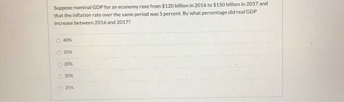 Suppose nominal GDP for an economy rose from $120 billion in 2016 to $150 billion in 2017 and
that the inflation rate over the same period was 5 percent. By what percentage did real GDP
increase between 2016 and 2017?
O 40%
O 35%
O 20%
O 30%
O 25%
