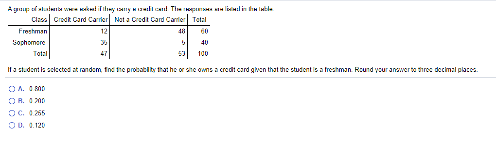 A group of students were asked if they carry a credit card. The responses are listed in the table.
Class Credit Card Carrier Not a Credit Card Carrier Total
Freshman
12
48
60
Sophomore
35
5
40
Total
47
53
100
If a student is selected at random, find the probability that he or she owns a credit card given that the student is a freshman. Round your answer to three decimal places.
O A. 0.800
O B. 0.200
O C. 0.255
O D. 0.120
