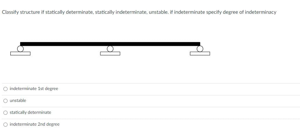 Classify structure if statically determinate, statically indeterminate, unstable. if indeterminate specify degree of indeterminacy
indeterminate 1st degree
unstable
statically determinate
indeterminate 2nd degree
