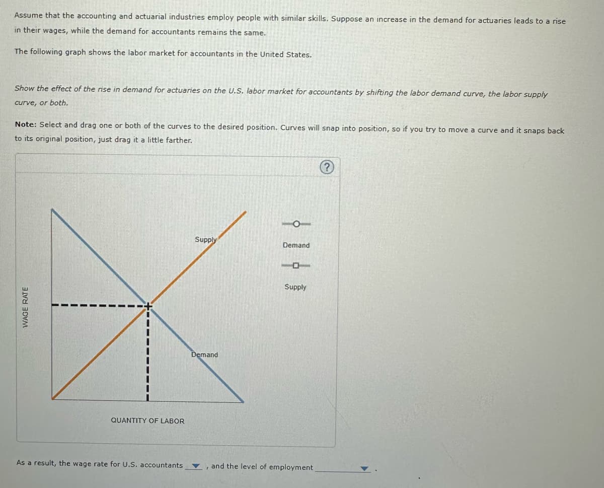 WAGE RATE
Assume that the accounting and actuarial industries employ people with similar skills. Suppose an increase in the demand for actuaries leads to a rise
in their wages, while the demand for accountants remains the same.
The following graph shows the labor market for accountants in the United States.
Show the effect of the rise in demand for actuaries on the U.S. labor market for accountants by shifting the labor demand curve, the labor supply
curve, or both.
Note: Select and drag one or both of the curves to the desired position. Curves will snap into position, so if you try to move a curve and it snaps back
to its original position, just drag it a little farther.
QUANTITY OF LABOR
о
Supply
Demand
Demand
Supply
As a result, the wage rate for U.S. accountants
and the level of employment
?