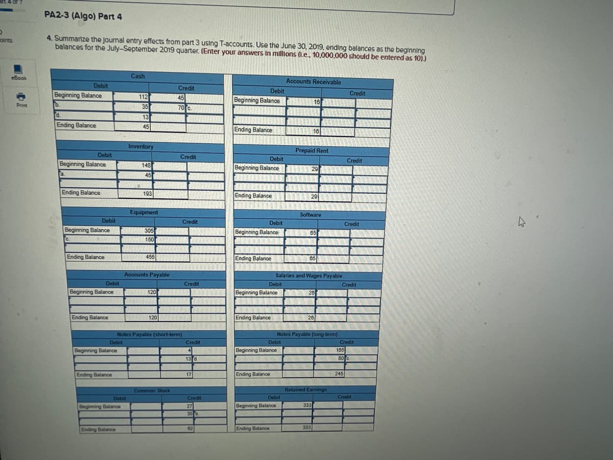 art 4 of 7
5
PA2-3 (Algo) Part 4
4. Summarize the journal entry effects from part 3 using T-accounts. Use the June 30, 2019, ending balances as the beginning
balances for the July-September 2019 quarter. (Enter your answers in millions (1.e., 10,000,000 should be entered as 10).)
eBook
Cash
Accounts Receivable
Debit
Debit
Credit
Beginning Balance
Credit
45
HUH 70 c.
Beginning Balance
W 16 ALERTSON
Print
b.
d.
ANANT
Ending Balance
Ending Balance
16
Prepaid Rent
Credit
Debit
Credit
Beginning Balance
Beginning Balance 29
3.
WOMAN WAM
Ending Balance
Ending Balance
29
Software
Debit
Beginning Balance
65
Beginning Balance
ARNXXXXM
C.
Ending Balance
Ending Balance
65
Salaries and Wages Payable
Debit
Beginning Balance
Beginning Balance
26
Ending Balance
Ending Balance
26
Notes Payable (long-term)
Beginning Balance
Beginning Balance
Ending Balance
Ending Balance
Retained Earnings
Beginning Balance
333
Beginning Balance
Ending Balance
Ending Balance
333
oints
Debit
Debit
Debit
112
35
13
45
Inventory
148
45
193
Equipment
INIM 305
150
455
Accounts Payable
120 BAN
120
Notes Payable (short-term)
Debit
Common Stock
Debit
Credit
Credit
Credit
4
13 d
17
Credit
27
35 b.
62
Debit
Debit
www.
Credit
Credit
Credit
165
80 c
245
Credit
WWW