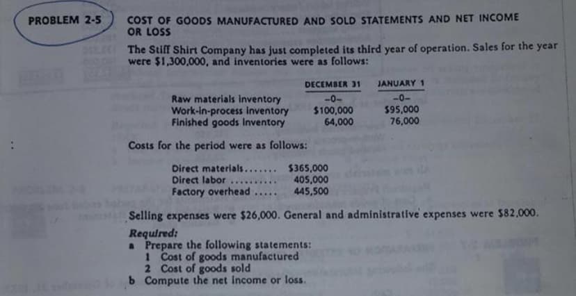 COST OF GOODS MANUFACTURED AND SOLD STATEMENTS AND NET INCOME
OR LOSS
PROBLEM 2-5
The Stiff Shirt Company has just completed its third year of operation. Sales for the year
were $1,300,000, and inventories were as follows:
DECEMBER 31
JANUARY 1
Raw materials inventory
Work-in-process inventory
Finished goods Inventory
-0-
$100,000
64,000
-0-
$95,000
76,000
Costs for the period were as follows:
Direct materials... $365,000
Direct labor
Factory overhead
405,000
445,500
.....
Selling expenses were $26,000. General and administrative expenses were $82,000.
Required:
a Prepare the following statements:
1 Cost of goods manufactured
2 Cost of goods sold
b Compute the net income or loss.
