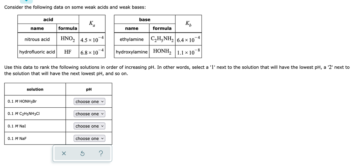 Consider the following data on some weak acids and weak bases:
acid
base
Bo
K.
name
formula
name
formula
HNO2 |4.5 x 10
-4
-4
nitrous acid
ethylamine C2H5NH, 6.4 x 10
hydrofluoric acid
HF
- 4
6.8 × 10
hydroxylamine HONH, |1.1 × 10
8.
Use this data to rank the following solutions in order of increasing pH. In other words, select a '1' next to the solution that will have the lowest pH, a '2' next to
the solution that will have the next lowest pH, and so on.
solution
pH
0.1 М HONHзBr
choose one v
0.1 M C2H5NH3CI
choose one v
0.1 M NaI
choose one v
0.1 M NaF
choose one v
?
