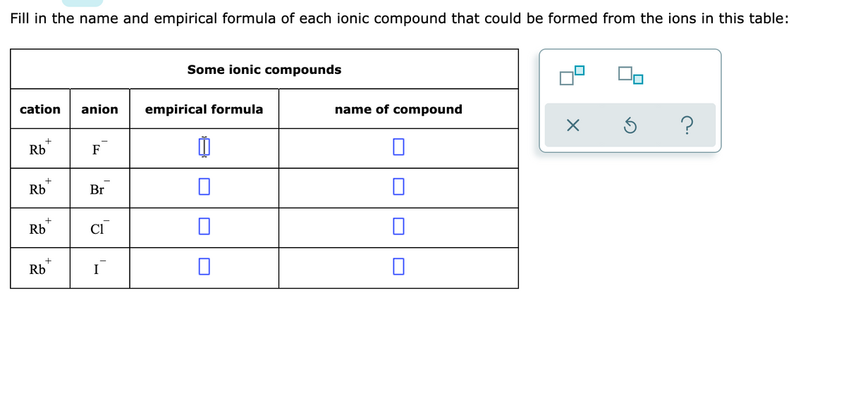 Fill in the name and empirical formula of each ionic compound that could be formed from the ions in this table:
Some ionic compounds
cation
anion
empirical formula
name of compound
+
Rb
F
+
Rb
Br
Rb
Ci
Rb
I
