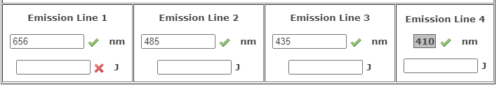 Emission Line 1
Emission Line 2
Emission Line 3
Emission Line 4
656
nm
485
435
410
nm
nm
nm
X J
