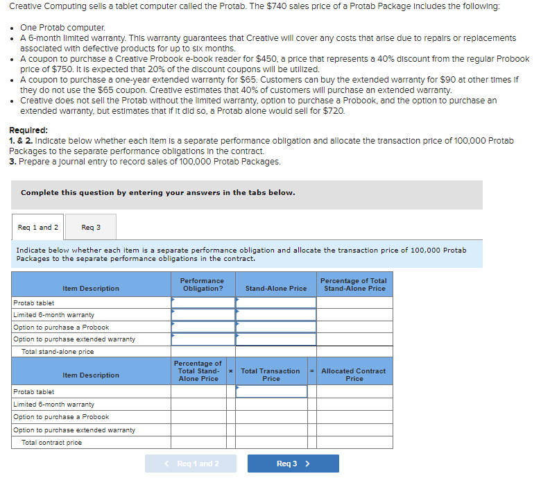 Creative Computing sells a tablet computer called the Protab. The $740 sales price of a Protab Package Includes the following:
• One Protab computer.
• A 6-month limited warranty. This warranty guarantees that Creative will cover any costs that arise due to repairs or replacements
associated with defective products for up to six months.
• A coupon to purchase a Creative Probook e-book reader for $450, a price that represents a 40% discount from the regular Probook
price of $750. It is expected that 20% of the discount coupons will be utilized.
• A coupon to purchase a one-year extended warranty for $65. Customers can buy the extended warranty for $90 at other times if
they do not use the $65 coupon. Creative estimates that 40% of customers will purchase an extended warranty.
• Creative does not sell the Protab without the limited warranty, option to purchase a Probook, and the option to purchase an
extended warranty, but estimates that If It did so, a Protab alone would sell for $720.
Required:
1. & 2. Indicate below whether each item is a separate performance obligation and allocate the transaction price of 100,000 Protab
Packages to the separate performance obligations in the contract.
3. Prepare a journal entry to record sales of 100,000 Protab Packages.
Complete this question by entering your answers in the tabs below.
Req 1 and 2
Req 3
Indicate below whether each item is a separate performance obligation and allocate the transaction price of 100,000 Protab
Packages to the separate performance obligations in the contract.
Item Description
Protab tablet
Limited 6-month warranty
Option to purchase a Probook
Option to purchase extended warranty
Total stand-alone price
Item Description
Protab tablet
Limited 6-month warranty
Option to purchase a Probook
Option to purchase extended warranty
Total contract price
Performance
Obligation?
Percentage of
Total Stand-
Alone Price
< Req 1 and 2
Stand-Alone Price
Total Transaction
Price
Req 3 >
Percentage of Total
Stand-Alone Price
Allocated Contract
Price
