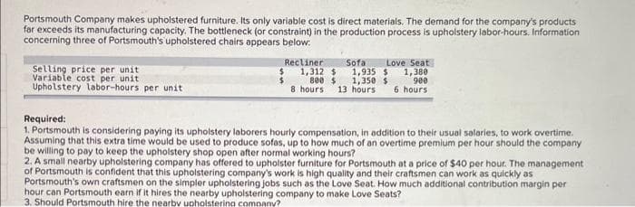 Portsmouth Company makes upholstered furniture. Its only variable cost is direct materials. The demand for the company's products
far exceeds its manufacturing capacity. The bottleneck (or constraint) in the production process is upholstery labor-hours. Information
concerning three of Portsmouth's upholstered chairs appears below:
Selling price per unit
Variable cost per unit
Upholstery labor-hours per unit
Recliner Sofa Love Seat
1,312 $ 1,935 $ 1,380
800 $ 1,350 $ 900
6 hours
8 hours 13 hours
Required:
1. Portsmouth is considering paying its upholstery laborers hourly compensation, in addition to their usual salaries, to work overtime.
Assuming that this extra time would be used to produce sofas, up to how much of an overtime premium per hour should the company
be willing to pay to keep the upholstery shop open after normal working hours?
2. A small nearby upholstering company has offered to upholster furniture for Portsmouth at a price of $40 per hour. The management
of Portsmouth is confident that this upholstering company's work is high quality and their craftsmen can work as quickly as
Portsmouth's own craftsmen on the simpler upholstering jobs such as the Love Seat. How much additional contribution margin per
hour can Portsmouth earn if it hires the nearby upholstering company to make Love Seats?
3. Should Portsmouth hire the nearby upholstering company?