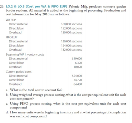 26. LO.2 & LO.3 (Cost per WA & FIFO EUP) Pylonic Mfg. produces concrete garden
border sections. All material is added at the beginning of processing. Production and
cost information for May 2010 are as follows:
WA EUP
Direct material
Direct labor
160,000 sections
152,000 sections
Overhead
150,000 sections
FIFO EUP
Direct material
120,000 sections
Direct labor
124,000 sections
Overhead
132,000 sections
Beginning WIP Inventory costs
Direct material
$19,600
Direct labor
6,320
Overhead
10,020
Current period costs
Direct material
$54,000
Direct labor
34,720
Overhead
84,480
a. What is the total cost to account for?
b. Using weighted average process costing, what is the cost per equivalent unit for each
cost component?
c. Using FIFO process costing, what is the cost per equivalent unit for cach cost
component?
d. How many units were in beginning inventory and at what percentage of completion
was cach cost component?
