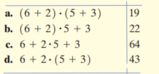 a. (6 + 2) • (5 + 3)
b. (6 + 2) •5 + 3
c. 6 + 2·5 + 3
d. 6 + 2•(5 + 3)
19
22
64
|43
