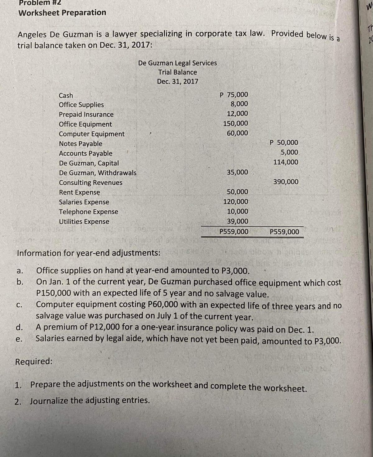 Problem #2
Worksheet Preparation
TH
Angeles De Guzman is a lawyer specializing in corporate tax law. Provided below is a
trial balance taken on Dec. 31, 2017:
20
De Guzman Legal Services
Trial Balance
Dec. 31, 2017
P 75,000
8,000
Cash
Office Supplies
12,000
Prepaid Insurance
Office Equipment
150,000
60,000
Computer Equipment
Notes Payable
Accounts Payable
P 50,000
5,000
114,000
De Guzman, Capital
De Guzman, Withdrawals
35,000
Consulting Revenues
390,000
Rent Expensę
50,000
Salaries Expense
120,000
Telephone Expense
10,000
Utilities Expense
39,000
P559,000
P559,000
Information for year-end adjustments:
Office supplies on hand at year-end amounted to P3,000.
On Jan. 1 of the current year, De Guzman purchased office equipment which cost
P150,000 with an expected life of 5 year and no salvage value.
Computer equipment costing P60,000 with an expected life of three years and no
salvage value was purchased on July 1 of the current year.
A premium of P12,000 for a one-year insurance policy was paid on Dec. 1.
Salaries earned by legal aide, which have not yet been paid, amounted to P3,000.
a.
b.
С.
d.
е.
Required:
1. Prepare the adjustments on the worksheet and complete the worksheet.
2. Journalize the adjusting entries.
