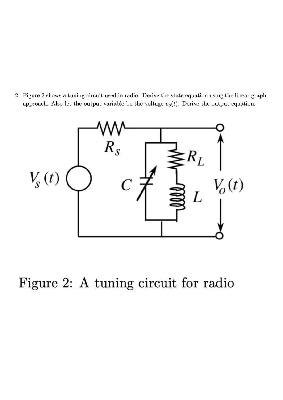 2. Figure 2 shows a tuning circuit used in radio. Derive the state equation using the linear graph
approach. Also let the output variable be the voltage vo(t). Derive the output equation.
Rs
V(1)
L
C
Figure 2: A tuning circuit for radio
