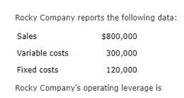 Rocky Company reports the following data:
Sales
$800,000
Variable costs
300,000
Fixed costs
120,000
Rocky Company's operating leverage is
