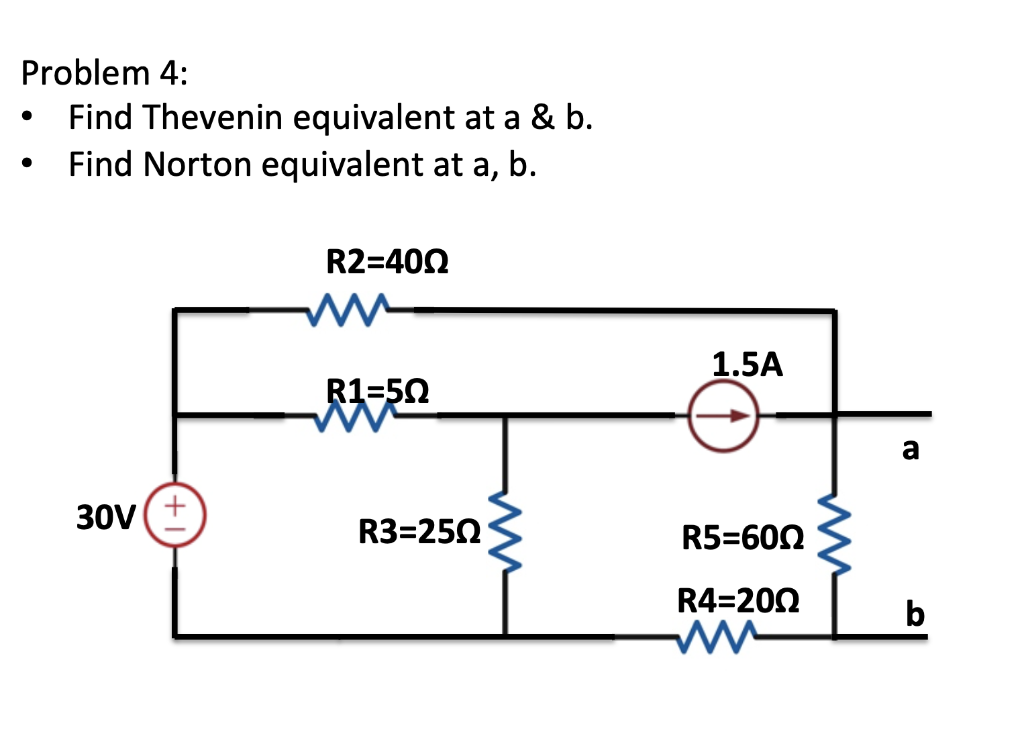 Problem 4:
Find Thevenin equivalent at a & b.
Find Norton equivalent at a, b.
●
30V +
R2=400
R1=50
R3=250
1.5A
R5=600
R4-2002
ww
a
b