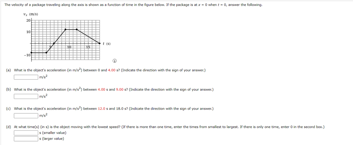 The velocity of a package traveling along the axis is shown as a function of time in the figure below. If the package is at x = 0 when t = 0, answer the following.
Vx (m/s)
20
10
t (s)
10
15
-10
(a) What is the object's acceleration (in m/s2) between 0 and 4.00 s? (Indicate the direction with the sign of your answer.)
m/s?
(b) What is the object's acceleration (in m/s) between 4.00 s and 9.00 s? (Indicate the direction with the sign of your answer.)
m/s?
(c) What is the object's acceleration (in m/s²) between 12.0 s and 18.0 s? (Indicate the direction with the sign of your answer.)
m/s?
(d) At what time(s) (in s) is the object moving with the lowest speed? (If there is more than one time, enter the times from smallest to largest. If there is only one time, enter 0 in the second box.)
s (smaller value)
s (larger value)
