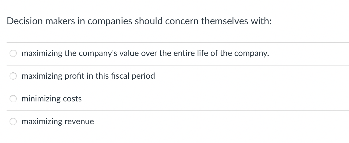 Decision makers in companies should concern themselves with:
oooo
O
maximizing the company's value over the entire life of the company.
maximizing profit in this fiscal period
minimizing costs
maximizing revenue