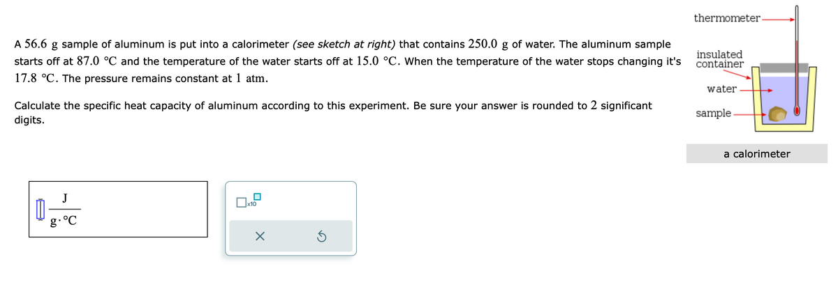 A 56.6 g sample of aluminum is put into a calorimeter (see sketch at right) that contains 250.0 g of water. The aluminum sample
starts off at 87.0 °℃ and the temperature of the water starts off at 15.0 °C. When the temperature of the water stops changing it's
17.8 °C. The pressure remains constant at 1 atm.
Calculate the specific heat capacity of aluminum according to this experiment. Be sure your answer is rounded to 2 significant
digits.
J
0₂-C
g. °C
x10
X
Ś
thermometer.
insulated
container
water
sample
a calorimeter