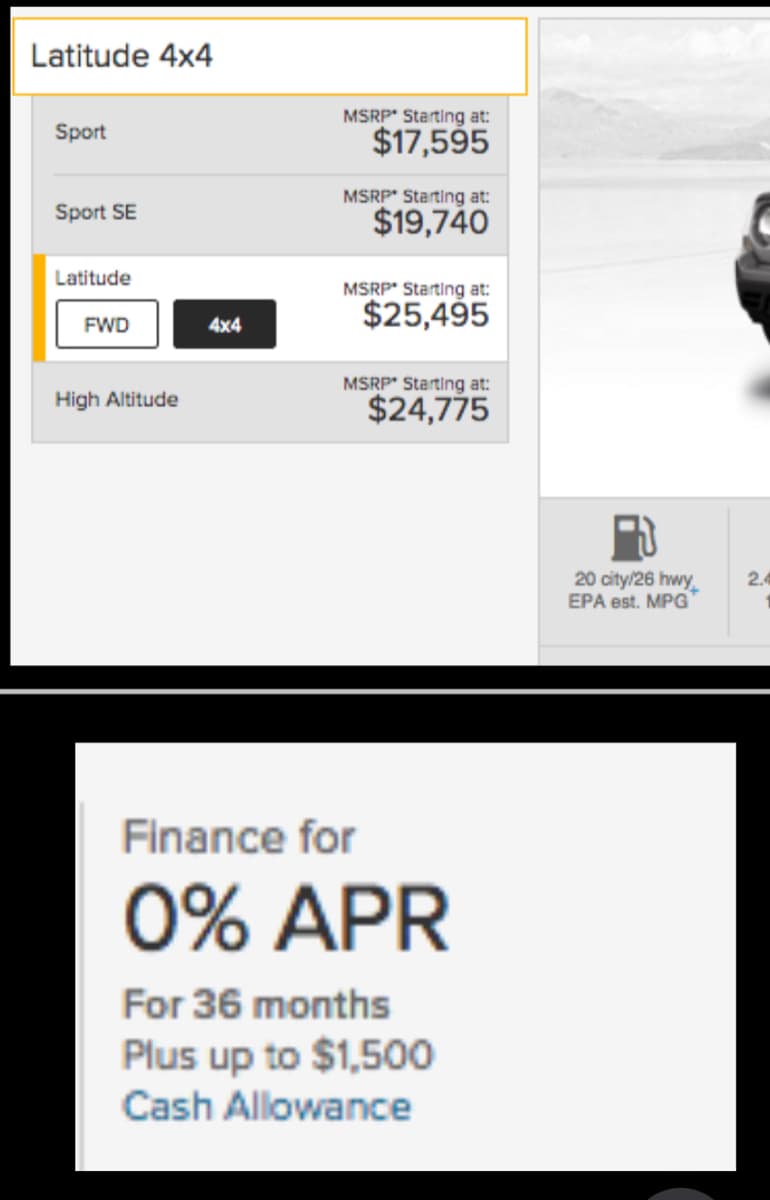 Latitude 4x4
MSRP" Starting at:
Sport
$17,595
MSRP" Starting at:
Sport SE
$19,740
Latitude
MSRP Starting at:
$25,495
FWD
4x4
MSRP" Starting at:
High Altitude
$24,775
20 city/26 hwy
EPA est. MPG
2.4
Finance for
0% APR
For 36 months
Plus up to $1,500
Cash Allowance
