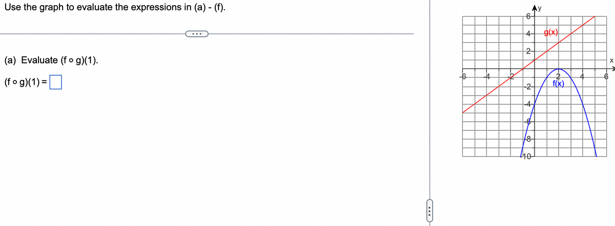 ## Composite Functions Evaluation Using Graphs

This educational segment will guide you on evaluating composite functions using a graph. Specifically, we will address the evaluations from (a) to (f) based on the given graph. Let's begin with part (a).

### Part (a): Evaluating (f ∘ g)(1)

The given graph contains two functions: 
- \( g(x) \) represented by a red line.
- \( f(x) \) represented by a blue curve.

To find \( (f \circ g)(1) \), follow these steps:

1. **Find \( g(1) \)**:
   - Locate \( x = 1 \) on the x-axis of the graph.
   - Determine the corresponding y-value on the red graph of \( g(x) \). 
   - According to the graph, \( g(1) = 3 \).

2. **Evaluate \( f(g(1)) \)**:
   - Now that we know \( g(1) = 3 \), we need to find \( f(3) \).
   - Locate \( x = 3 \) on the x-axis of the graph.
   - Determine the corresponding y-value on the blue graph of \( f(x) \).
   - According to the graph, \( f(3) = 1 \).

Thus, \( (f \circ g)(1) = f(g(1)) = f(3) = 1 \).

**Answer box:**
\[ (f \circ g)(1) = \boxed{1} \]

### Graph Explanation:
- **Axes and Scaling**: The horizontal axis (x-axis) is marked from -6 to 6, and the vertical axis (y-axis) is also marked from -6 to 6.
- **Red Line (g(x))**: This is a straight line with a positive slope, intersecting the y-axis at \( y = -1 \).
- **Blue Curve (f(x))**: This is a parabolic curve starting at \( x = -4 \) and ending at \( x = 4 \), peaking at \( y = 4 \) when \( x = 0 \).

In subsequent parts, other similar evaluations will be addressed.