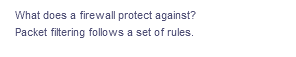 What does a firewall protect against?
Packet filtering follows a set of rules.