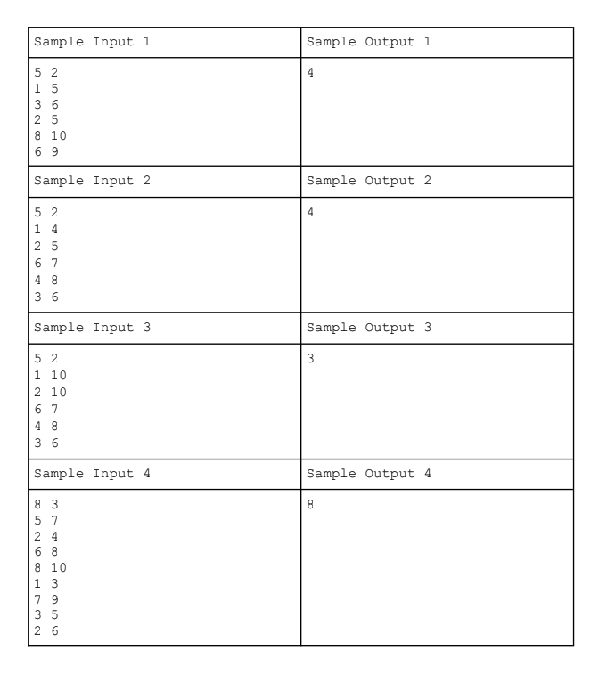 Sample Input 1
52
15
36
25
8 10
69
Sample Input 2
5 2
14
25
67
48
36
Sample Input 3
52
1 10
2 10
67
48
36
Sample Input 4
83
57
24
68
8 10
1 3
79
35
26
Sample Output 1
4
Sample Output 2
4
Sample Output 3
3
Sample Output 4.
8