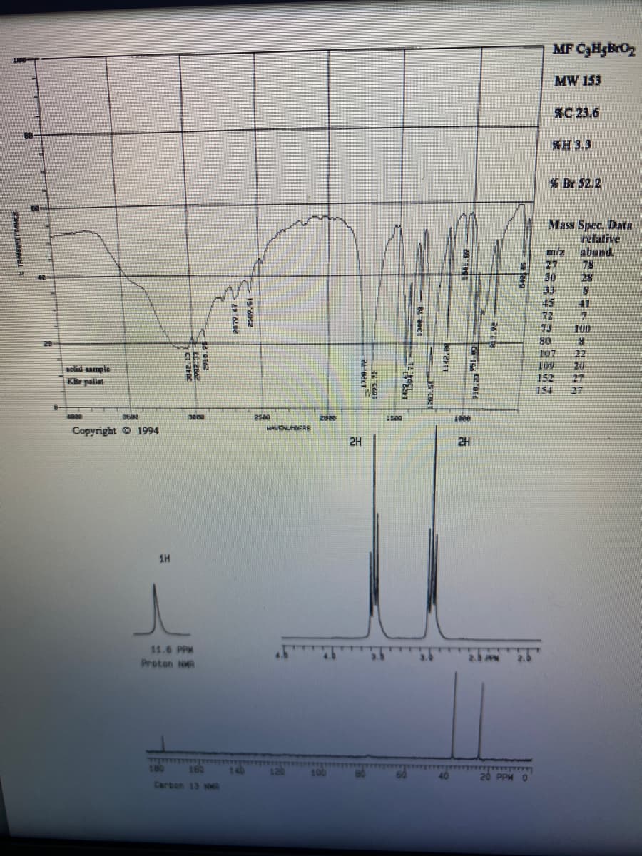 TAMSIFIANCE
20
solid sample
KBr pellet
4000
3500
Copyright 1994
1H
l
11.6 PPM
Proton NMR
180
COLORY
3800
160
Carbon 13 NHR
462
156952
2500
WAVENNERS
120
2008
100
2H
E
BMCT
m3.st
1142.
M'INI
Tote
1000
2H
697.92
2.5 PPM
54245
TEFTI
20 PPM 0
MF C₂HBrO₂
MW 153
SH 3.3
% Br 52.2
*C 23.6
Mass Spec. Data
relative
m/z abund.
AAROPRZESZ
*-=-=-=56
27
30
33
172
73
80
45
107
109
152
78
28
8
41
8
20
27
154 27