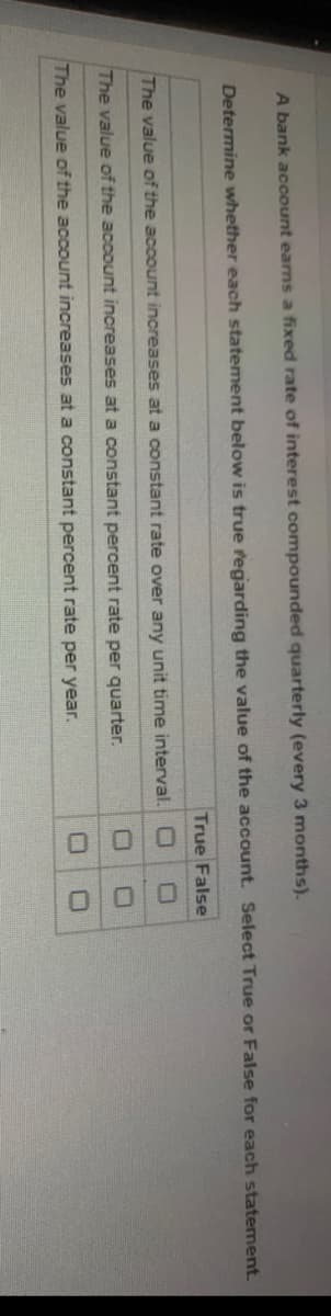 A bank account earns a fixed rate of interest compounded quarterly (every 3 months).
Determine whether each statement below is true regarding the value of the account. Select True or False for each statement.
True False
The value of the account increases at a constant rate over any unit time interval.
The value of the account increases at a constant percent rate per quarter.
The value of the account increases at a constant percent rate per year.
