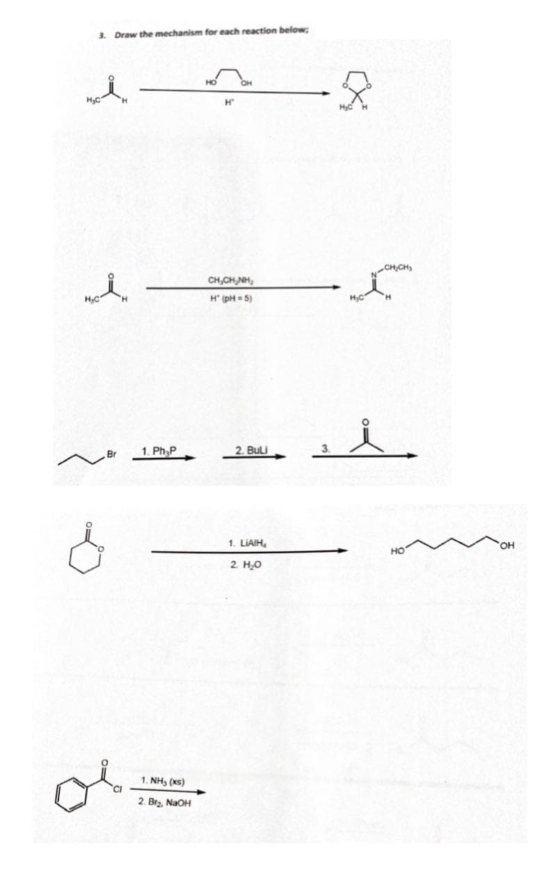 3.
Draw the mechanism for each reaction below;
OH
H3C
H
CH,CH
CH,CH,NH,
H (pH = 5)
HC"
1. Ph,P
2. Buli
1. LIAIH,
2 Н.о
1. NH, (xs)
2. Brz, NaOH
