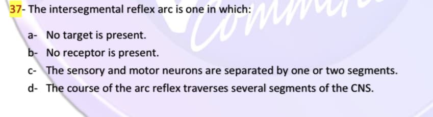 37- The intersegmental reflex arc is one in which:
a- No target is present.
b- No receptor is present.
c- The sensory and motor neurons are separated by one or two segments.
d- The course of the arc reflex traverses several segments of the CNS.
