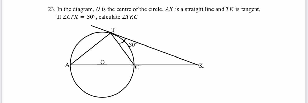 23. In the diagram, O is the centre of the circle. AK is a straight line and TK is tangent.
If LCTK = 30°, calculate ZTKC
30
K
