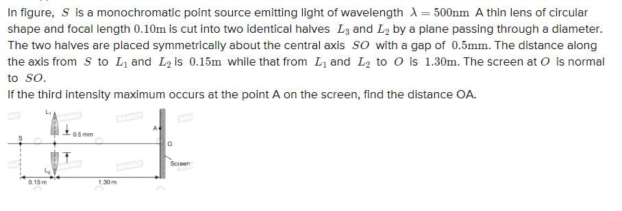 In figure, S is a monochromatic point source emitting light of wavelength A = 500nm A thin lens of circular
shape and focal length 0.10m is cut into two identical halves L3 and L2 by a plane passing through a diameter.
The two halves are placed symmetrically about the central axis SO with a gap of 0.5mm. The distance along
the axis from S to L and L2 is 0.15m while that from L1 and L2 to O is 1.30m. The screen at O is normal
to So.
If the third intensity maximum occurs at the point A on the screen, find the distance OA.
A
0.5 mm
Screen
DRAINLY
0.15m
1.30 m
