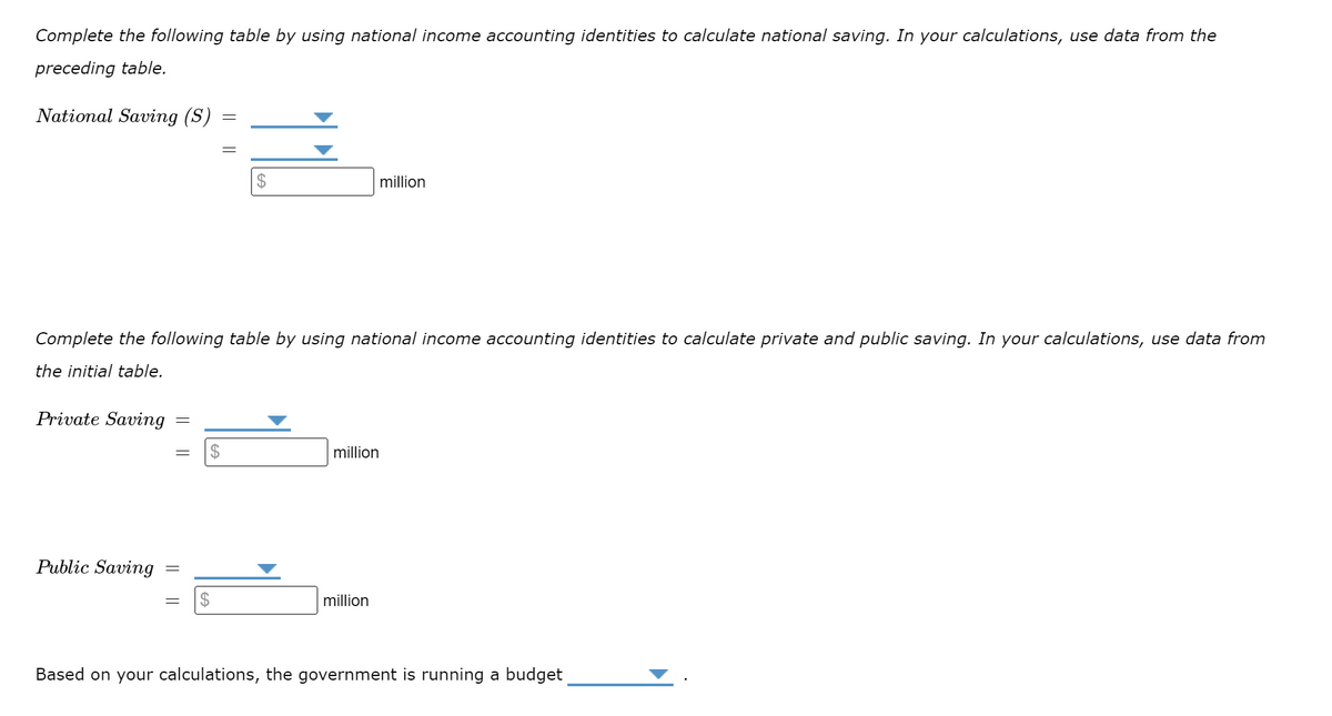 Complete the following table by using national income accounting identities to calculate national saving. In your calculations, use data from the
preceding table.
National Saving (S)
Public Saving
=
Complete the following table by using national income accounting identities to calculate private and public saving. In your calculations, use data from
the initial table.
Private Saving
= $
=
$
=
million
million
million
Based on your calculations, the government is running a budget