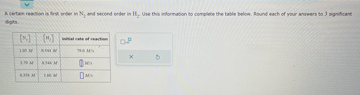 A certain reaction is first order in N₂ and second order in H₂. Use this information to complete the table below. Round each of your answers to 3 significant
digits.
[₂] [H₂] initial rate of reaction
1.05 M
3.79 M
0.358 M
0.544 M
0.544 M
1.60 M
79.0 M/s
M/S
M/S
0
x10
X