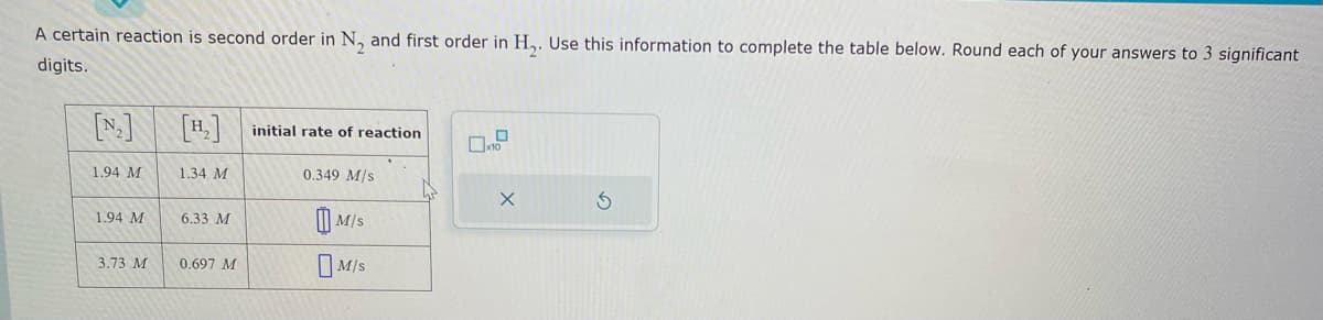 A certain reaction is second order in N, and first order in H₂. Use this information to complete the table below. Round each of your answers to 3 significant
digits.
[₂]
1.94 M
1.94 M
3.73 M
1.34 M
6.33 M
0.697 M
initial rate of reaction
0.349 M/s
M/S
M/S
X