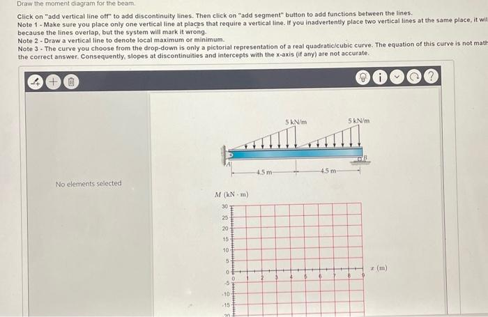 Draw the moment diagram for the beam.
Click on "add vertical line off" to add discontinuity lines. Then click on "add segment" button to add functions between the lines.
Note 1 - Make sure you place only one vertical line at places that require a vertical line. If you inadvertently place two vertical lines at the same place, it will
because the lines overlap, but the system will mark it wrong.
Note 2 - Draw a vertical line to denote local maximum or minimum.
Note 3 - The curve you choose from the drop-down is only a pictorial representation of a real quadratic/cubic curve. The equation of this curve is not math
the correct answer. Consequently, slopes at discontinuities and intercepts with the x-axis (if any) are not accurate.
+0
No elements selected
M (kN-m)
30
25
20
15
10-
5
0.
-10
0
4.5 m-
5 kN/m
5 kN/m
m!!!
4.5 m
z (m)