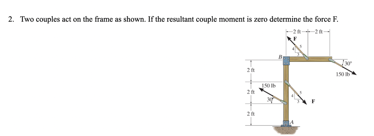 2. Two couples act on the frame as shown. If the resultant couple moment is zero determine the force F.
-2 ft2 ft-
F
2 ft
2 ft
2 ft
150 lb
30
B
4
4
A
5
3
3
5
F
a
30°
150 lb