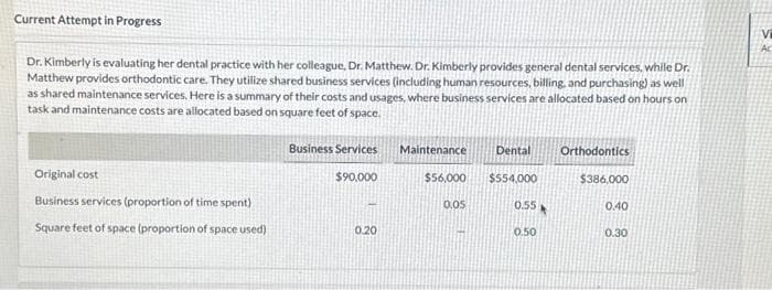 Current Attempt in Progress
Dr. Kimberly is evaluating her dental practice with her colleague, Dr. Matthew. Dr. Kimberly provides general dental services, while Dr.
Matthew provides orthodontic care. They utilize shared business services (including human resources, billing, and purchasing) as well
as shared maintenance services. Here is a summary of their costs and usages, where business services are allocated based on hours on
task and maintenance costs are allocated based on square feet of space.
Original cost
Business services (proportion of time spent)
Square feet of space (proportion of space used)
Business Services
$90,000
0.20
Maintenance Dental
$56,000 $554,000
0.05
0.55
0.50
Orthodontics
$386,000
0.40
0.30
Vi
Ac