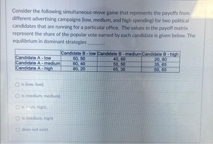 Consider the following simultaneous-move game that represents the payoffs from
different advertising campaigns (low, medium, and high spending) for two political
candidates that are running for a particular office. The values in the payoff matrix
represent the share of the popular vote earned by each candidate is given below. The
equilibrium in dominant strategies
Candidate A-low
Candidate A-medium
Candidate A-high
Ois (low. low).
O is (medium, medium).
O is (high, high).
O is (medium, high)
O does not exist.
Candidate B-low Candidate B-medium Candidate B-high
50, 50
60,40
80, 20
40, 60
50, 50
65, 35
20, 80
35,65
50, 50