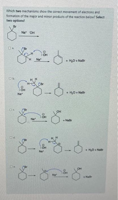 Which two mechanisms show the correct movement of electrons and
formation of the major and minor products of the reaction below? Select
two options!
Br
Da
Ob
DC
d
Nat OH
/Br
&
: OH
Nat
H
H-
Nat
Ⓒ
-0.
Br
E & S
Na*
+ HO+ NaBr
8-8
Nat
+ HO + NaBr
8-8-8-
OH
Na
+ NaBr
OH
OH
+ HỌ. NaBr
NHẬP