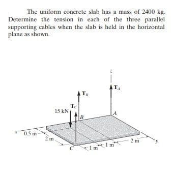 The uniform concrete slab has a mass of 2400 kg.
Determine the tension in each of the three parallel
supporting cables when the slab is held in the horizontal
plane as shown.
ATA
Tg
Tc
15 kN
B
x0.5 m
2 m
2 m
1m
1 m
