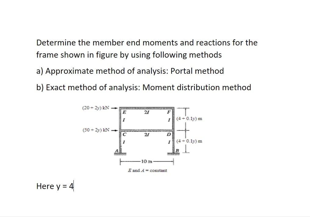 Determine the member end moments and reactions for the
frame shown in figure by using following methods
a) Approximate method of analysis: Portal method
b) Exact method of analysis: Moment distribution method
(20 + 2y) kN –
21
(4 +0.1y) m
(50 + 2y) kN –
21
D
(4 + 0.1y) m
10 m
E and A = constant
Here y =
4|
