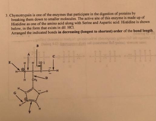 3. Chymotrypsin is one of the enzymes that participate in the digestion of proteins by
breaking them down to smaller molecules. The active site of this enzyme is made up of
Histidine as one of the amino acid along with Serine and Aspartic acid. Histidine is shown
below, in the form that exists in dil. HCI.
Arranged the indicated bonds in decreasing (longest to shortest) order of the bond length.
rai shuogo n
H
CH2
