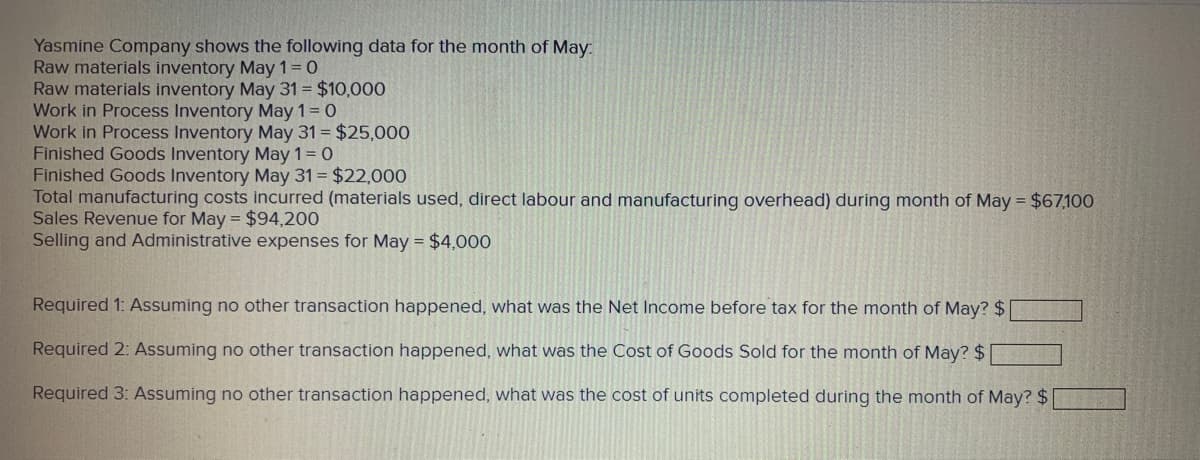 Yasmine Company shows the following data for the month of May:
Raw materials inventory May 1 = 0
Raw materials inventory May 31 = $10,000
Work in Process Inventory May 1 = 0
Work in Process Inventory May 31 = $25,000
Finished Goods Inventory May 1 = 0
Finished Goods Inventory May 31 = $22,000
Total manufacturing costs incurred (materials used, direct labour and manufacturing overhead) during month of May = $67,100
Sales Revenue for May = $94,200
Selling and Administrative expenses for May = $4,000
Required 1: Assuming no other transaction happened, what was the Net Income before tax for the month of May? $[
Required 2: Assuming no other transaction happened, what was the Cost of Goods Sold for the month of May? $
Required 3: Assuming no other transaction happened, what was the cost of units completed during the month of May? $